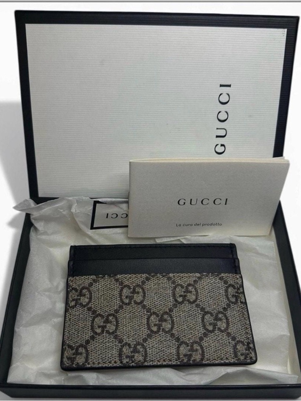 Gucci Brown GG Supreme Canvas Card Holder with leather Trim